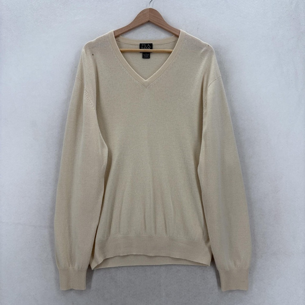 Jos. A. Bank Sweater Mens Large White 100% Cashmere V Neck Knit Pullover Career
